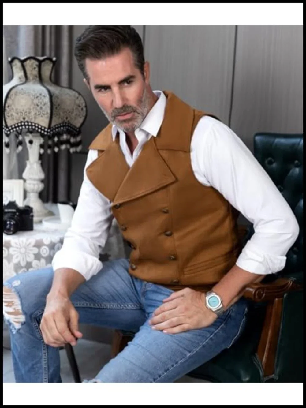 Faux Suede Double Breasted Vest Classic Groomsmen Wedding Big Lapel